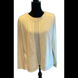 Croft & Barrow Cardigan Sweater Sz Large Attached Jacket Cream Embroidered Edge